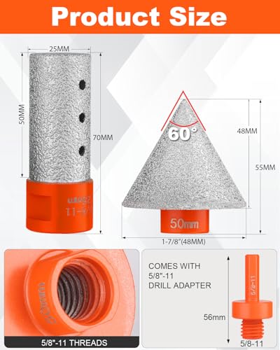 3 PCS Diamond Beveling Chamfer Bits Set, with 5/8-11 Thread Adapter | Tile Cone Grinder Bit, 1" Diamond Drill Bits for Hole Enlarging Trimming Grinding in Tile, Marble, Glass, Granite,Ceramic