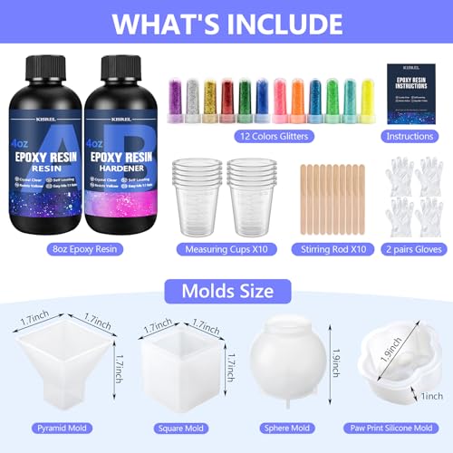 KISREL Epoxy Resin Kit 8OZ with Molds, 12 Glitter & Tools for Beginners | Complete starter kit with molds, 12 glitters & tools,Crystal clear, bubble-free ,Perfect for keychains, coasters & DIY crafts - size: 8oz Resin Kit