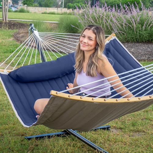 2 Person Hammock with 12FT Stand, Outdoor Hammock, Navy Blue | Heavy Duty Hammock with Curved Spreader Bars, Pillow, Safety Ropes and Portable Carring Bag, Large Hammock, Max 450 Lbs - color: Navy Blue
