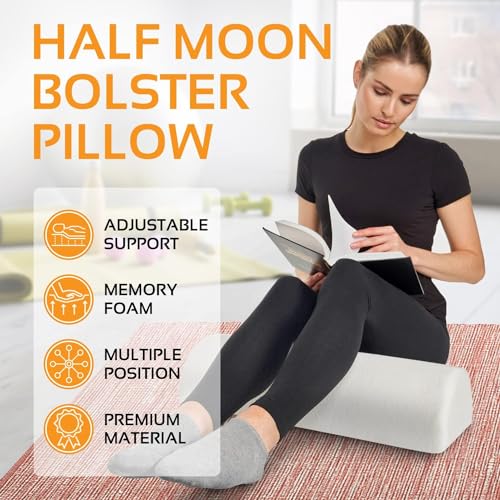 AllSett Health Large Half Moon Bolster Pillow for Legs, Knees, Lower Back and Head, Lumbar Support Pillow for Bed, Sleeping | Semi Roll for Ankle and Foot Comfort - Machine Washable Cover, White - style: Knee Half Moon White