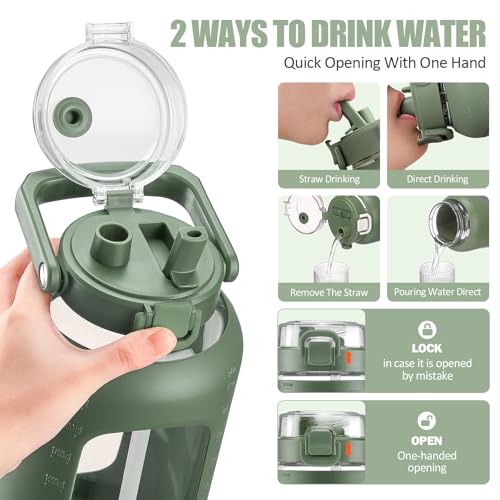 BLUEGO 84oz Glass Water Bottle with Straw and Handle, Large Water Bottle with Sip & Chug Lid, 2.5L Water Jug Silicone Sleeve with Time, Full Day Drinking Bottle for Sports BPA Free, Olive - color: Olive, size: 84 Ounces