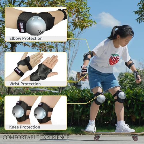 Kids/Youth Knee Pads Elbow Pads Wrist Guards 3 in1Protective Set, for 3-15 Years Child Roller Skates, Cycling, Inline Skating, Skateboard, BMX Bike, Balance Bike, Scooter Riding Sports - color: Black/Silver, size: Small (3-7 years)