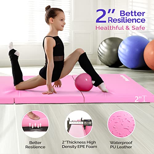 Matladin 6' Folding Tri-fold Gymnastics Gym Exercise Aerobics Mat, 6ft x 2ft x 2in PU Leather Tumbling Mats with Hook & Loop Fastener for Stretching Yoga Cheerleading Martial Arts - color: Pink-2 Pack