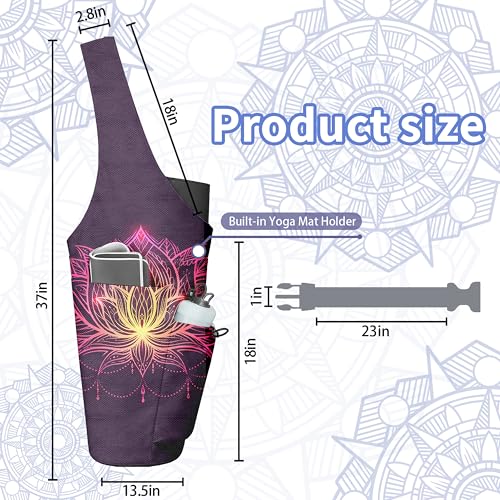 Yoga Bag for Women, Large Yoga Mat Bag Tote Carrier with Wet Dry Pocket | Water Bottle Holder & Adjustable Strap, Fits 1/2" Thick Yoga Mat for Gym, Pilates, Travel, Work - color: Purple Lotus
