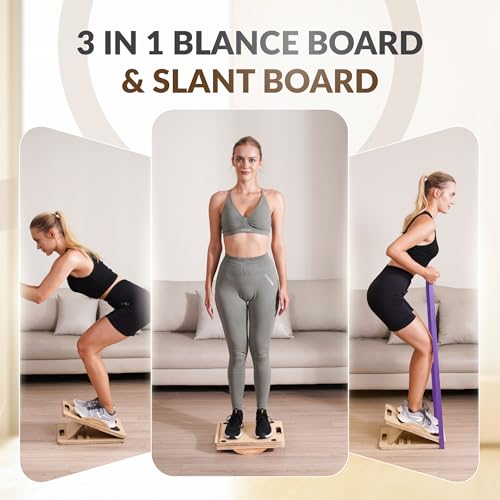 2 in 1 Balance Board & Slant Board for Calf Stretching - Adjustable Incline Board, 300lbs Capacity, Physical Therapy Equipment with Exercise Poster for Legs, Knees, Ankles, Heels