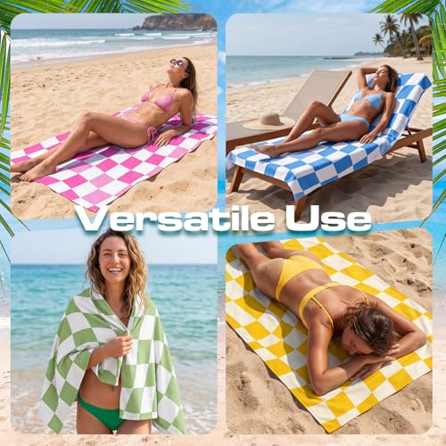 4 Pack Summer Checkered Beach Towel for Women, Oversized 32 x 71 Inches, Lightweight Quick Dry Microfiber Towel for Pool Camping Travel Swimming Picnic and Sports