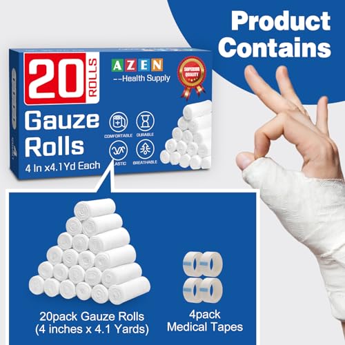 AZEN 20 Pack Gauze Rolls Bandages, 4 in x 4.1 Yards, Premium Medical Supplies & First Aid Supplies, Bandage Wrap Vet Wrap, Mummy Wraps - color: 20p, size: 4IN