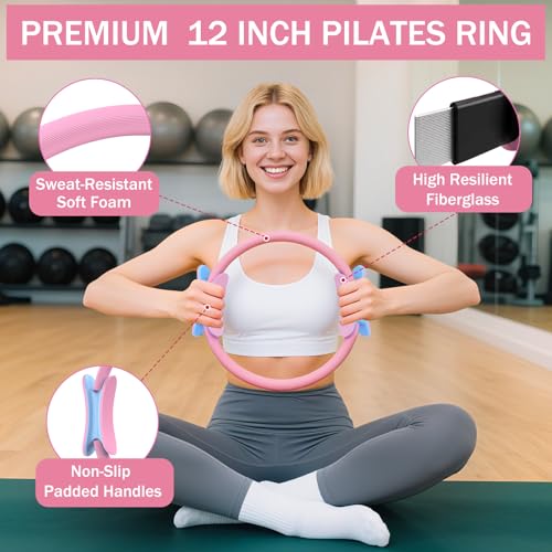 Home Pilates Essentials Kit for Women Pink Ring and Ball Pilates Set Equipment, Magic Circle with 5 Resistance Bands Premium Accessories Kits for Starter Toning Workouts at Home - color: Pink-Blue