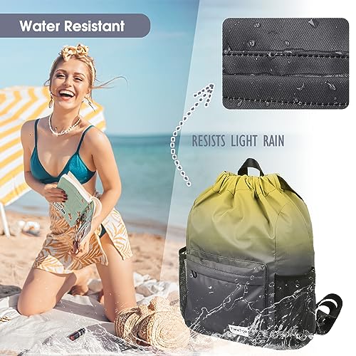 Drawstring Backpack Sports Gym Sackpack with Mesh Pockets Water-Resistant String Cinch Beach Bag for Men Women(Yellow Black) - color: Yellow Black