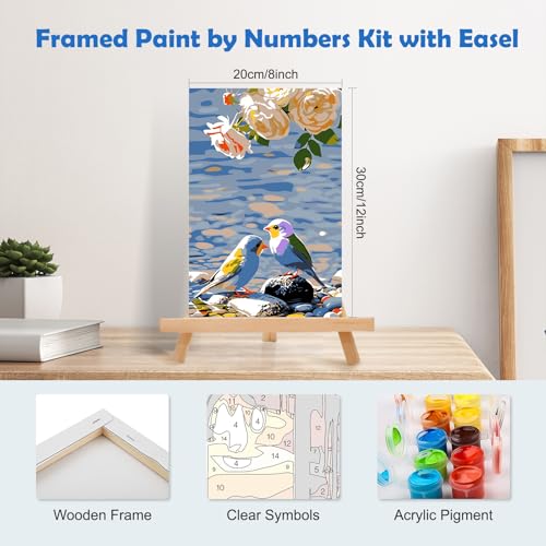 MOGTAA Paint by Numbers Kit for Adults with Frame, Birds Paint by Number Canvas, Flowers Scenery Paint by Numbers with Easel, DIY Animal Oil Painting Kit for Home Wall Decor 8 x 12 Inch - color: Birds