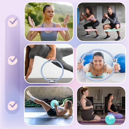 Pilates Ring Set: 35cm Magic Circle with Dual Padded Handles, Pilates Mini Ball, and Resistance Bands (15, 25, 35 lbs) for Strength, Flexibility, Stability, and Body Toning - color: Blue-Essential