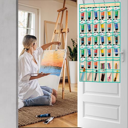 TEMUORG Hanging Acrylic Paint Tubes Organizer Over the Door Art Supplies Storage Markers 36 Pocket Holder for Pastels Crayons Brushes Tools (Beige) - color: Beige