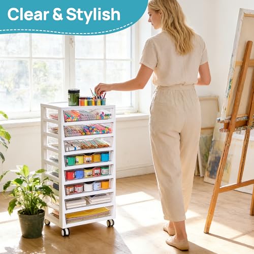Vtopmart 8 Tier Rolling Cart with Drawers, Clear Plastic | Removable Dividers, Visible Storage, Sturdy Design, For Building Blocks, Toys, Art, Office & Craft Supplies - style: 8 Tier 8 Drawers