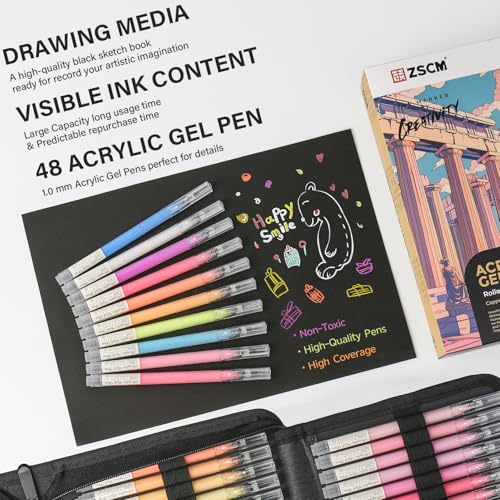ZSCM 48 Colors 3D Acrylic Gel Pens & Black Paper Sketchbook for Drawing | 1mm Fine Point Acrylic Ink Pen, Opaque Archival Ink Pens for Black Paper Drawing, Sketching, Illustration, Card Making - color: 48 Colors