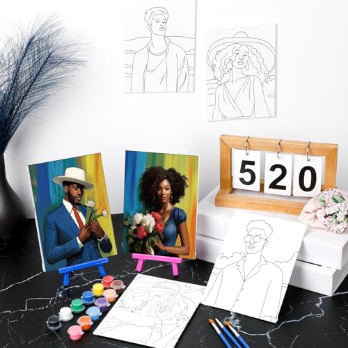Blosssound 10 Set Pre Printed Canvas Pre Drawn Canvas Painting with Easel Kits 5" x 7" Outline Painting Panels for Beginners, DIY Craft Project, Party Favor, Home Decors(Black Couple) - style: Modern, Contemporary