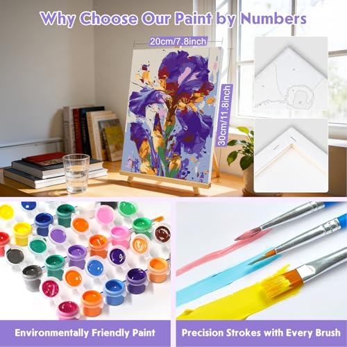 NEWENMO Paint by Numbers Kit for Adults Framed with Wooden Easel, Irises in Bloom, Adults' Paint-by-Number Kits on Canvas Beautiful Iris Flower, DIY Oil Painting Kit for Home Wall Decor 8x12 Inch - color: purple-flower