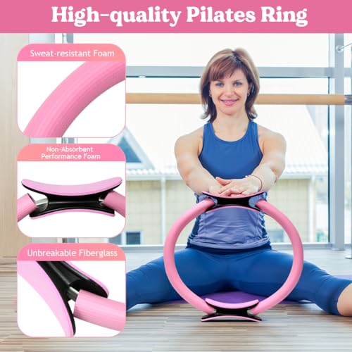 Pilates Ring 13 Piece Set,Pilates Kit for Women Exercise Equipment Accessories Deformation Magic Circle with Padded Handles, Workouts Ball, Guide & Bag, Resistance Bands for Legs Arms and Thighs - color: Pink