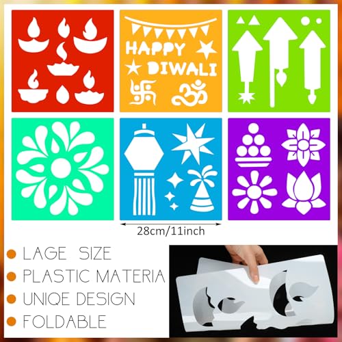 Watersay 6 Set Diwali Large Rangoli Stencil 11" x 11" Reusable Plastic Mandala Painting Stencil Indian Traditional Festival Painting on Wood Floor Wall Tile Fabric Furniture DIY Craft (Novel Style) - style: Novel Style