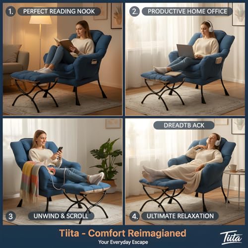 Tiita Lazy Chair with Ottoman, Comfy Reading Accent Chair, Blue | Foldable Footrest, Padded Seat and Backrest, Side Pocket for Lounging in Living Rooms, Bedrooms, Dorms and Small Spaces - color: Blue