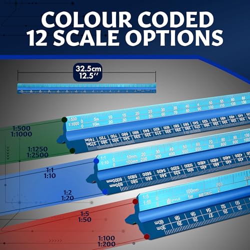 Stylo Architectural Scale Ruler, 12 Inch Aluminum, Light Blue Metric | Laser Etched Triangular Drafting Scale, Color Coded Grooves, for Blueprints and Floor Plans, Cloth Pouch Included - color: Light Blue, size: 12 inch (Metric)