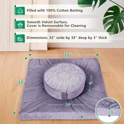 Hihealer Meditation Cushion, Traditional Tibetan Velvet Meditation Pillow | Buckwheat Yoga Bolster, Large Floor Cushion & Pillow for Adults, Zafu Zabuton Set, Zen Meditation Mat - color: Romantic Purple(set)
