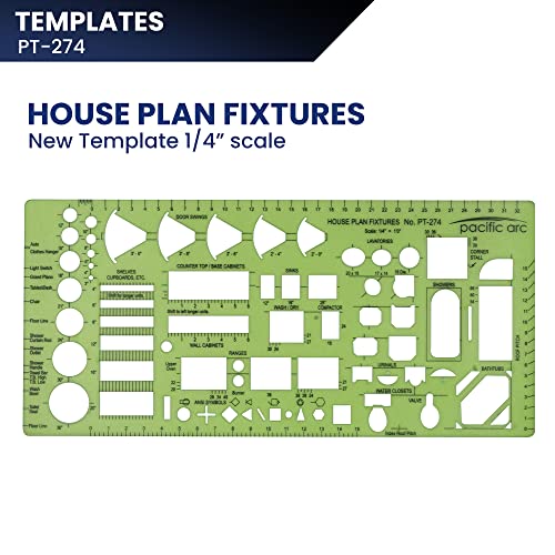 Pacific Arc, House Plan Fixtures Template, 1/4 in, Drawing aid Stencil for Professional or School Work, Size 4.5 x 9.625 in. - style: House Plan Fixtures, 1/4 scale