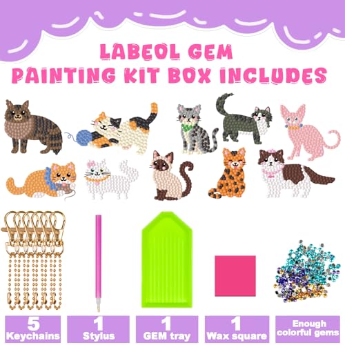 Labeol Arts and Crafts for Kids - Creat Your Own GEM Keychains-5D Diamond Painting by Numbers GEM Kits for Kids Girls Toddler Age 6-7 6-8 10-12 - style: Cat