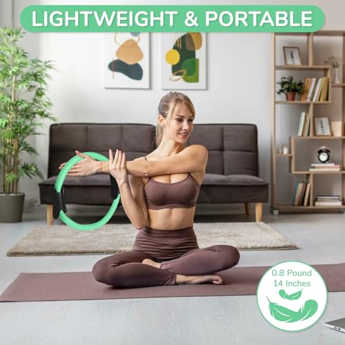 TOPZGLEEY Pilates Ring Set – 14" Anti-Deformation Magic Circle with Padded Handles, Mini Ball, 5 Resistance Bands, Guide, Pilates Equipment for Home Workout - color: TURQUOISE