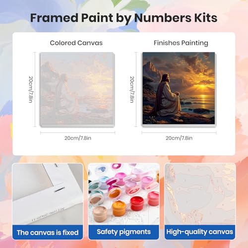 HEIBAGO 4 Pack Framed Paint by Numbers Kit for Adults Beginner, Adult Paint by Number Kits Jesus, DIY Paint by Numbers for Adults,Small Easy Acrylic Oil Painting for Wall Decor 8 x 8 Inch - color: Jesus
