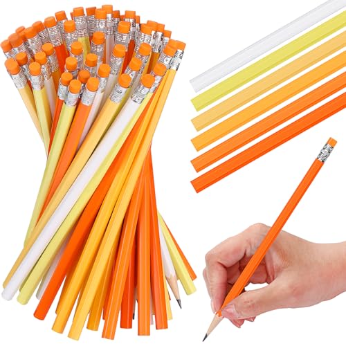 TecUnite 60 Pcs HB Pencils #2 Unsharpened Wood Cased Pencils with Eraser Hexagonal Pencil Cute Graphite No 2 Pen for Adults Gifts Exam School Office Sketching Learning(Orange, Sliver) - color: Orange, Sliver