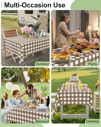 Smiry 8 Packs Gingham Disposable Table Cloth, 54 x 108 Inch Waterproof Plastic Tablecloth, Rectangle Brown and White Checkered Table Covers for Picnic, Birthday, Party - color: Brown and White, size: 54"x108" (Pack of 8)
