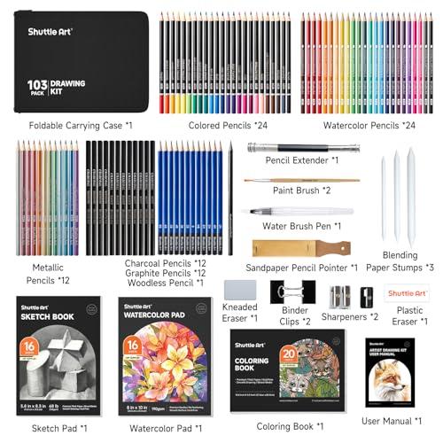 Shuttle Art 103 PCS Drawing Kit, Professional Drawing Supplies with Sketch, Charcoal, Colored, Graphite, Pastel Pencils & Sticks, Complete Drawing Tools and Paper Pads in Zipper Case for Artists&Kids