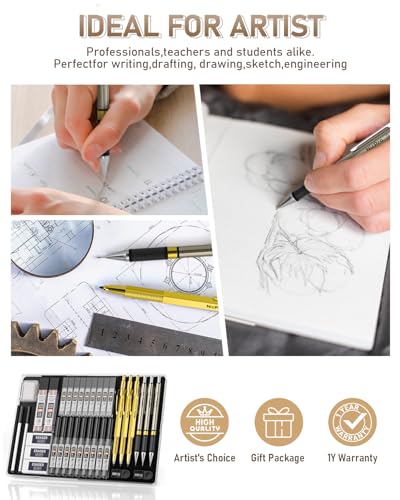 Nicpro 37PCS Gold Art Mechanical Pencil Set, 0.3/0.5/0.7/0.9/2mm Point | 360 Lead Refills(6B 4B 2B HB 2H 4H) 4 Erasers+18 Eraser Refills, Full Metal, School Supplies for Sketching Drawing Drafting - color: Gold, style: 0.3 0.5 0.7 0.9 2.0