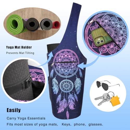 Yoga Mat Bag - Large Opening Long Tote Yoga Mat Carrier Holder Bag with Waterproof Wet Zipper Pocket and Drawstring Water Bottle Pocket - Yoga Bag Fit Most Size Mats - color: Dreamcatcher