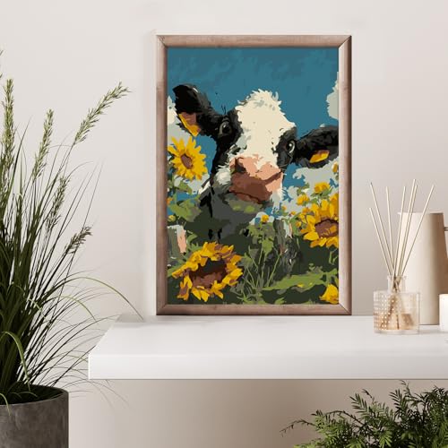 Framed Paint by Numbers Kit for Adults Beginner & Kids Ages 8-12, Funny Animal Cow Adult Paint by Number Kits on Canvas with Frame, DIY Number Painting for Adults for Home Wall Decor Gift 8 x 12 Inch - color: DG-OP-F-Cow-2030