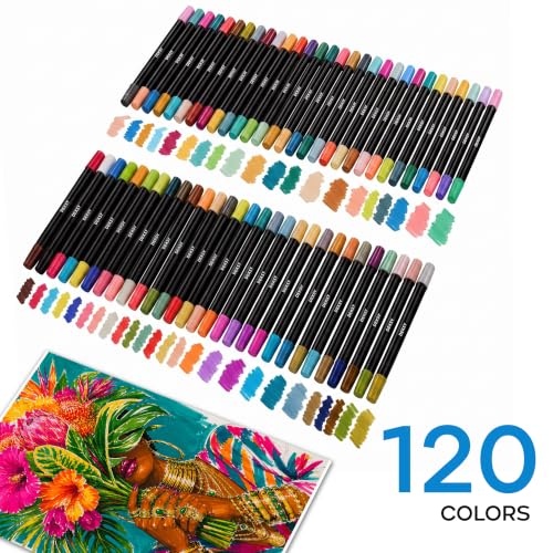 120 Dual Tip Acrylic Paint Markers Set | Colored Markers with Brush Tip | Art Markers for Adults | Acrylic Paint Pens for Rock Painting, Canvas, Glass, Wood, Ceramic, DIY Crafts, Fabric