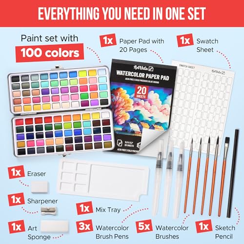 Premium Watercolor Paint Set Bundle with 100 Vibrant Colors for Adults | For Beginners & Professional – Painting Kit & Art Supplies for Adults – Portable Watercolor Set with Paper Pad & Brushes - color: Large Set