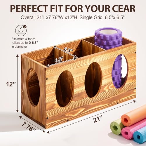 Sintuff Vintage Wood Yoga Mat Holder Storage Organizer Floor Standing Foam Roller Holder Rack for Home Yoga Mats Gym Sports Exercise Accessories Dumbbell Resistance Bands - color: Burnt Wood, style: 3 Slot