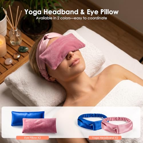 Akakios Lavender Heated Eye Mask with Satin Headband, Yoga Pillow, 2 Pack | Microwave Eye Pillow for Meditation, Weighted Sleep Mask for Relaxing, Gift for Women, Blue&Pink
