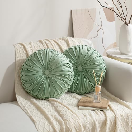 HIG Set of 2 Sage Velvet Decorative Round Pleated Throw Pillows - color: Sage