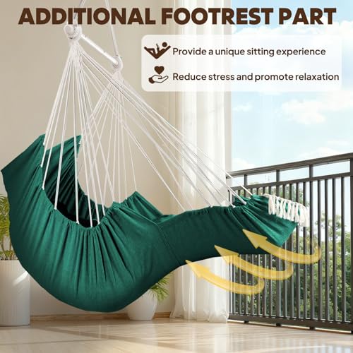 Chihee Hammock Chair Foot Rest 2 Cushions Max 485 lbs Metal Spreader Bar | Robust Hanging Chair Soft Cotton Blended Swing Collapsible Easy Storage Strong Strap Iron Carabiner Pocket Indoor Outdoor - color: Dark Green