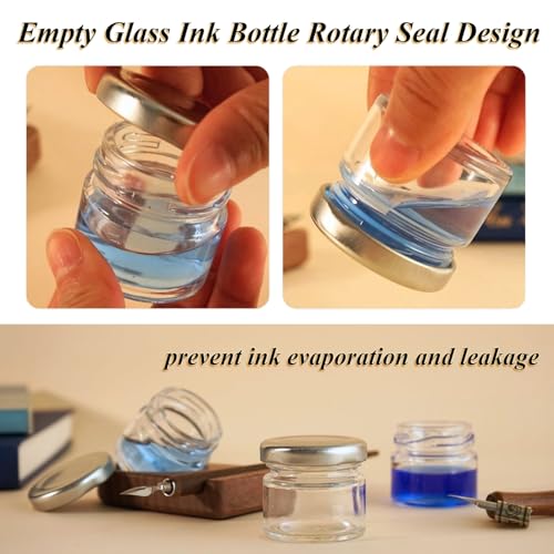10Pcs Mini Glass Inkwell Ink Bottle Containers with Screw Lids for Calligraphy Oblique Nib Holder Stand Empty Dip Pen Ink Well Jars Desktop Decoration School Gifts(25ml)