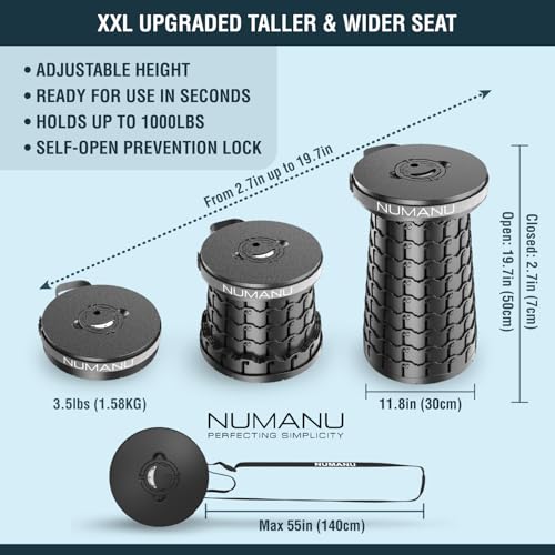 NUMANU XXL Round Collapsible Stool, 3-in-1 Cushion + Bag, 1000 lb Max Cap. | Heavy-Duty Big & Tall Stool, Telescoping 2.7-19.7in, 3-in-1 Cushion Bag + Drink Holder; Travel, Sports, Camping - size: XXL Round (Stool & 3IN1 Carry Bag)