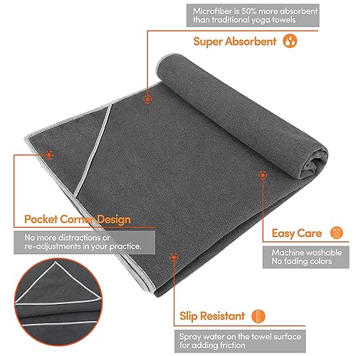 IUGA Yoga Towel for Hot Yoga Non Slip Extra Thick Yoga Mat Towel + Hand Towel 2in1 Set with Corner Pockets Super Absorbent and Quick Dry Hot Yoga Towel - color: Gray, size: 72”X26”