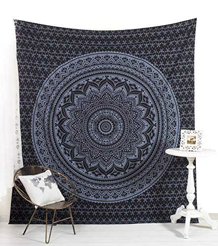 Popular Handicrafts Tapestry Wall Hanging Hippie Mandala Bohemian Hippy Medallion Psychedelic Ombre Design Indian Tapestries Bedspread 84 x 90 Inches (215cm x 230cm) Grey - color: Black and Grey, size: 90"L x 84"W