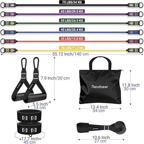 READAEER Resistance Bands, 10-150 LBS Exercise Bands with Handles, Ankle Straps & Door Anchor, Adjustable Workout Bands for Full Body Strength Training, Home, Gym & Travel - size: 25-300LBS