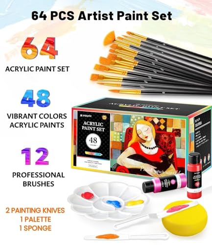 64 PCS Acrylic Paint Set, 48 Colors (2oz/60ml) Art Craft Paint | with 12 Brushes, 2 Knives & Palette, Paint for Adults Artists Beginners, Canvas Ceramic Rocks Wood Painting Kit Art Supplies - color: Classic Colors, size: 2 Fl Oz (Pack of 48)