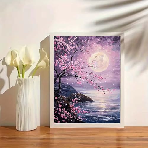 Moon Landscape Diamond Painting Kits for Adults Beginners,Pink Cherry Tree Diamond Art Kits,DIY 5D Diamond Gem Painting with Gem Art for Adults,Home Wall Decor 12 X 16Inch - color: GM8838
