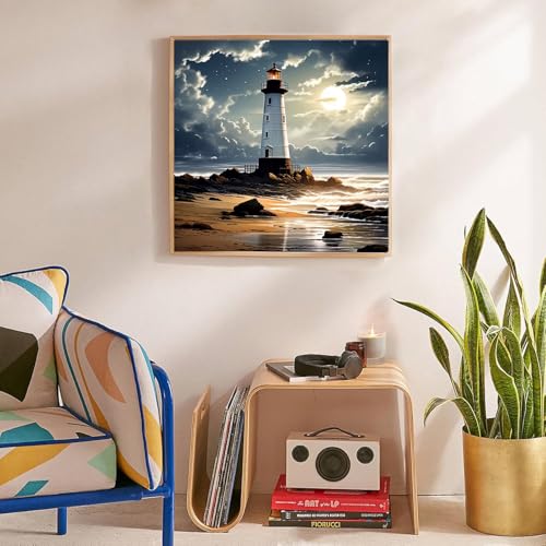 KTHOFCY 5D DIY Beach Landscape Diamond Painting Kits for Adults,Lighthouse Landscape Full Drill Embroidery Cross Stitch Crystal Rhinestone Paintings Arts Wall Decor Painting Dots Kits 13.7X13.7 inch