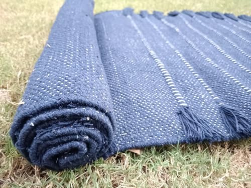 Jaipur art & Rugs Organic Cotton Yoga Mat - Eco-Friendly Hand-Woven Rug - Non Slip & Thick (24”x72”x5mm) for Everyday Fitness at Home - Comfortable Extra-Long - color: Navy Blue